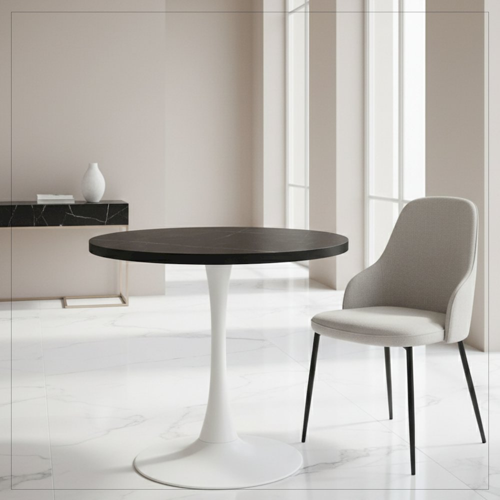 Bristol Dining table, White Base with 36" Round Marbleized Black MDF top. Picture 14