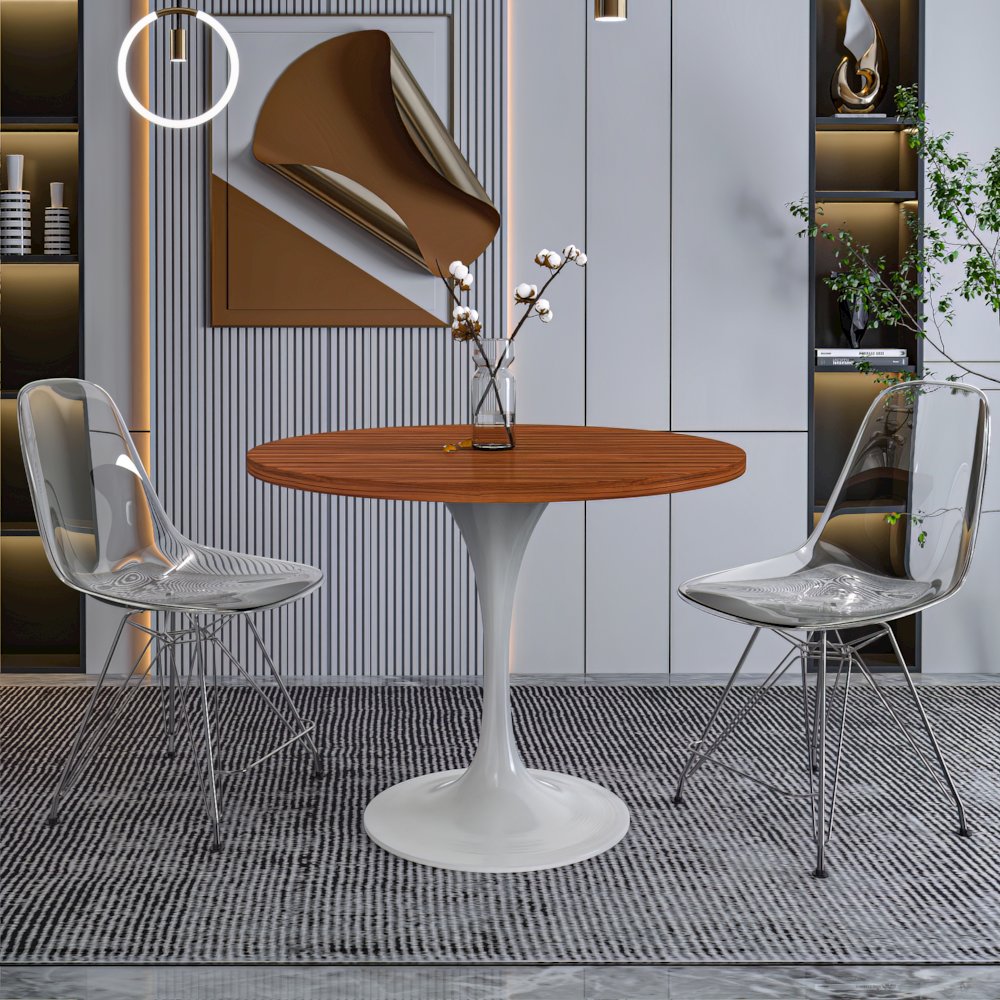 Verve Collection 36 Round Dining Table, White Base with Cognac Brown MDF Top. Picture 8