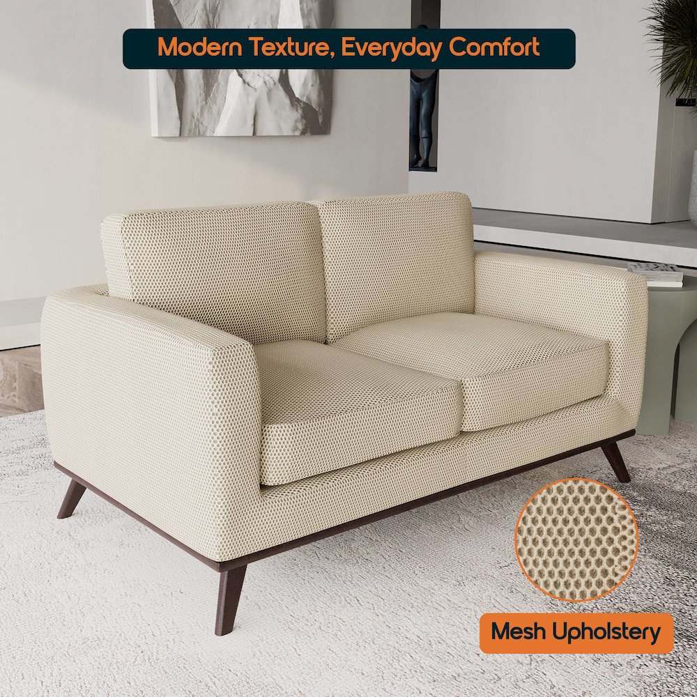 Chester Modern Faux Leather Loveseat in Beige Mesh. Picture 2