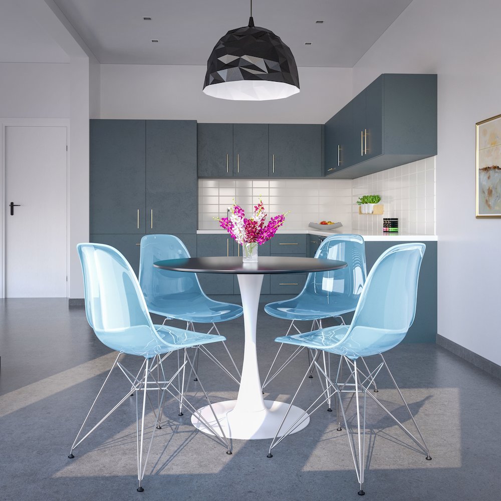 5-Piece Dining Set 35" Round Dining Table in Chrome - Transparent Blue. Picture 2