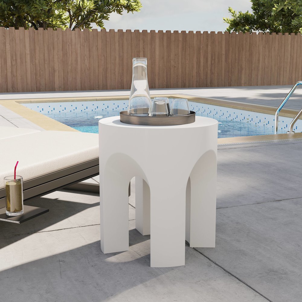 Crus Collection Fiberglass Outdoor Side Table in White. Picture 5