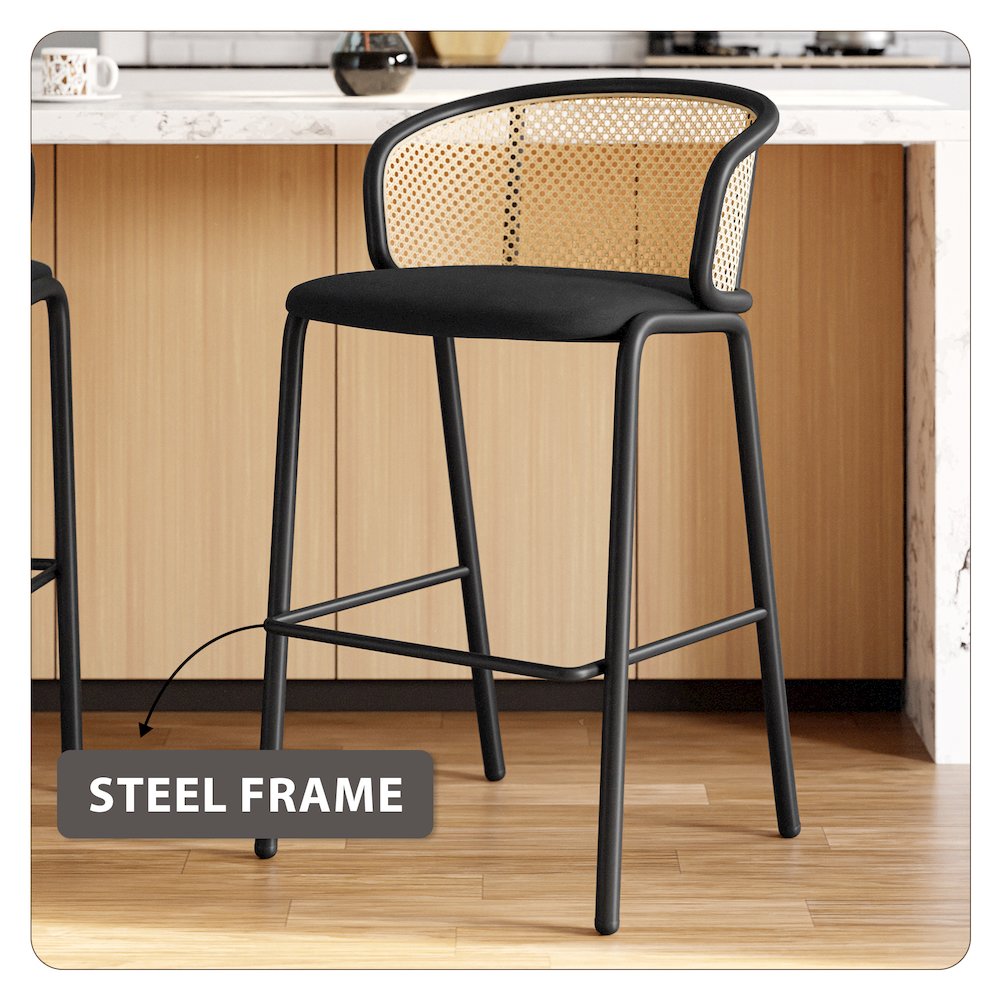 Ervilla Mid-Century Modern Wicker Bar Stool in Black. Picture 18