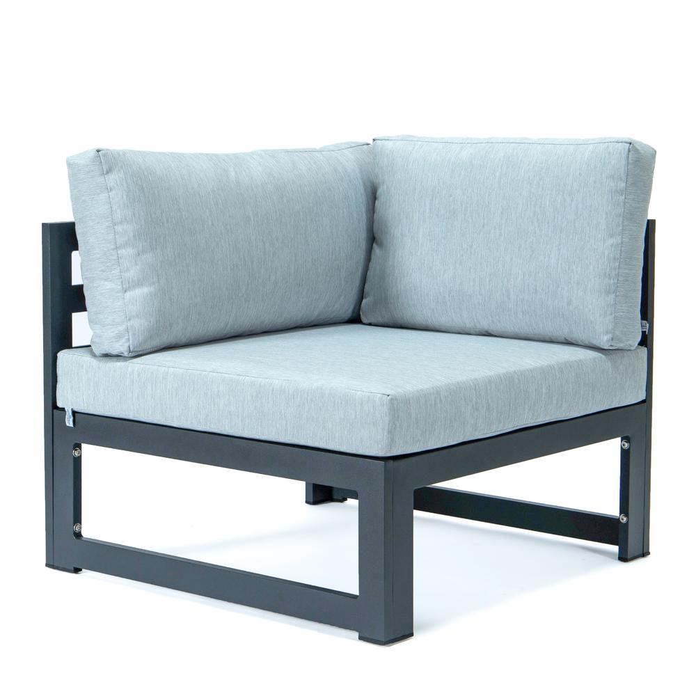 LeisureMod Chelsea 5-Piece Sectional Loveseat and Fireplace Set Black Aluminum with Cushions, Light Grey. Picture 8