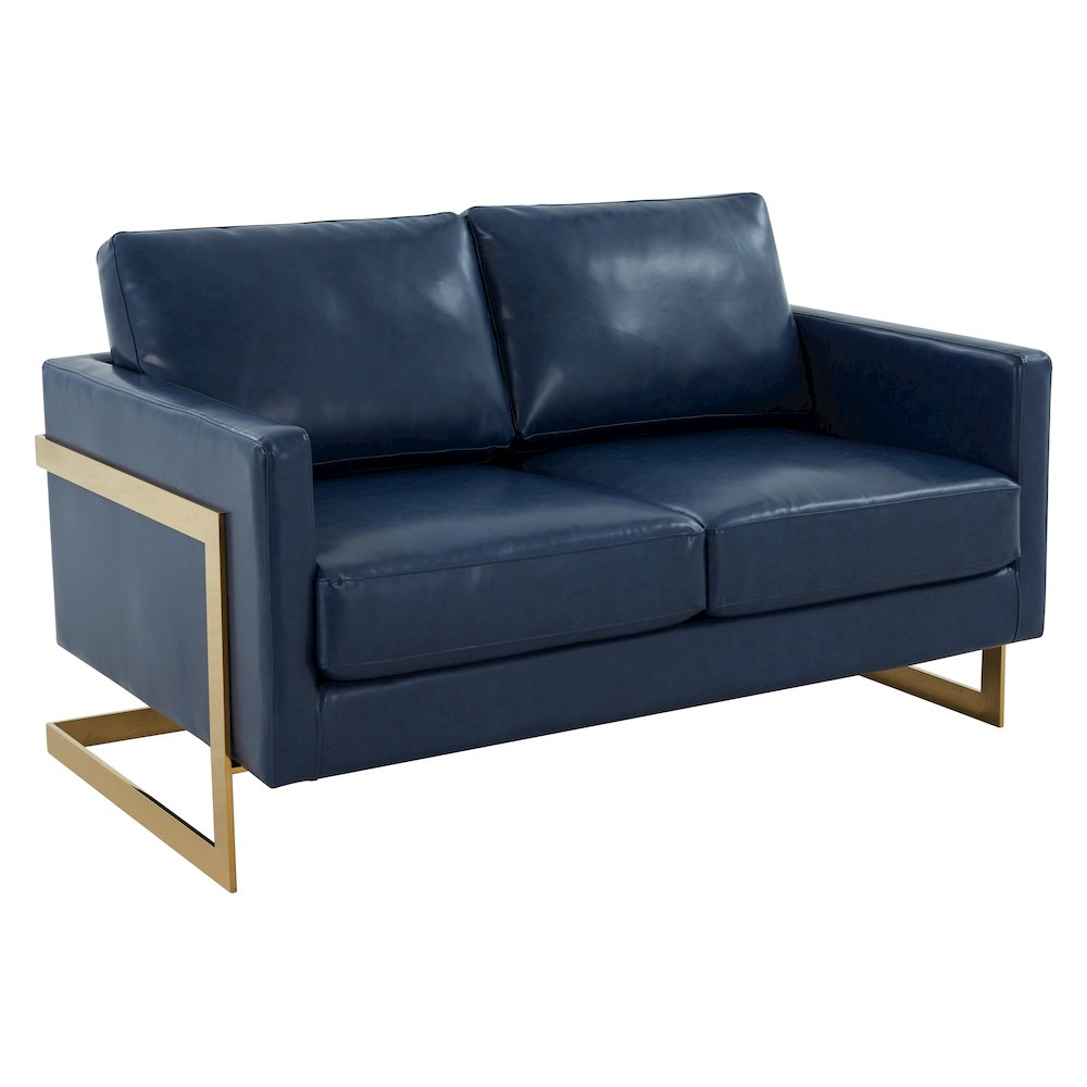 Lincoln Modern Mid-Century Upholstered Leather Loveseat with Gold Frame. Picture 1