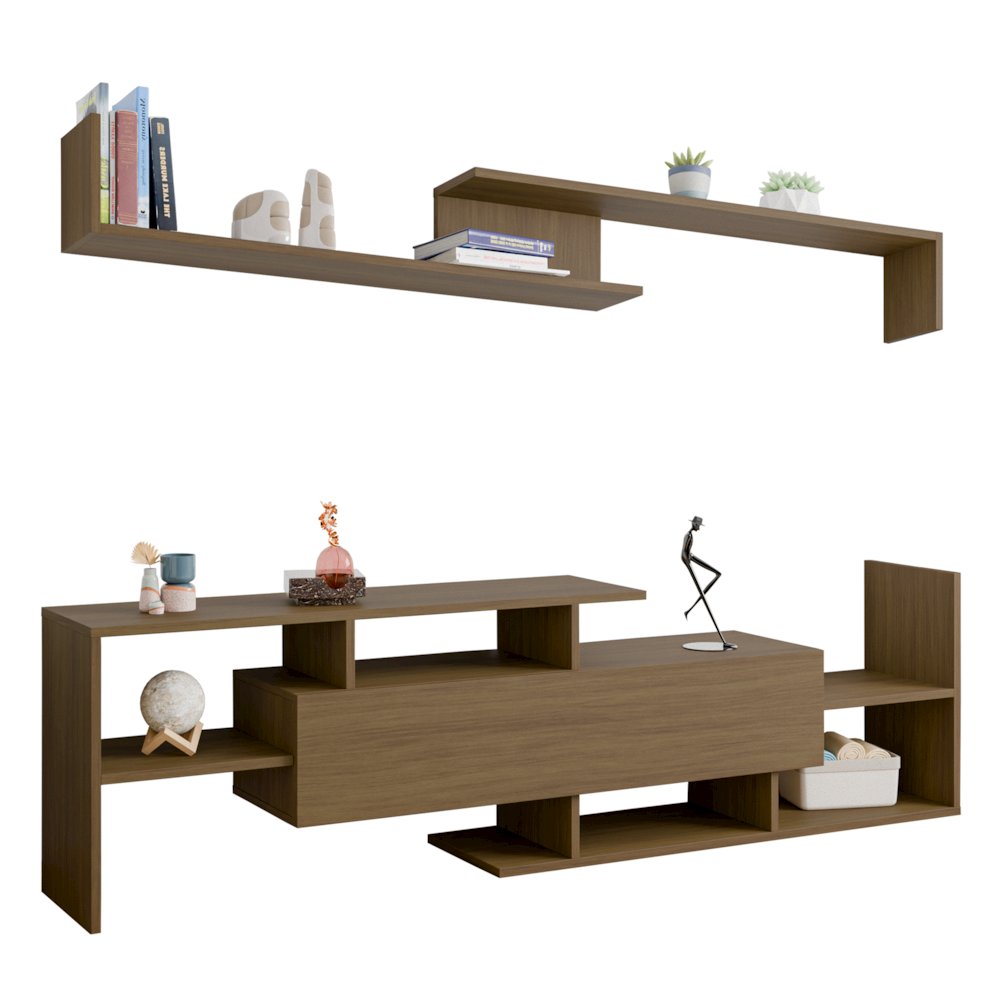 Surrey Modern TV Stand with MDF Shelves and Bookcase in Oak Wood. Picture 21