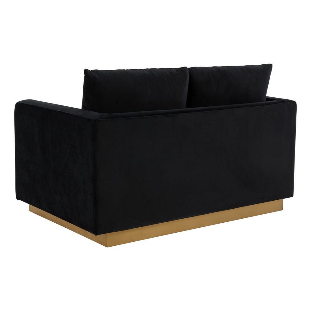 LeisureMod Nervo Modern Mid-Century Upholstered Velvet Loveseat with Gold Frame, Midnight Black. Picture 2