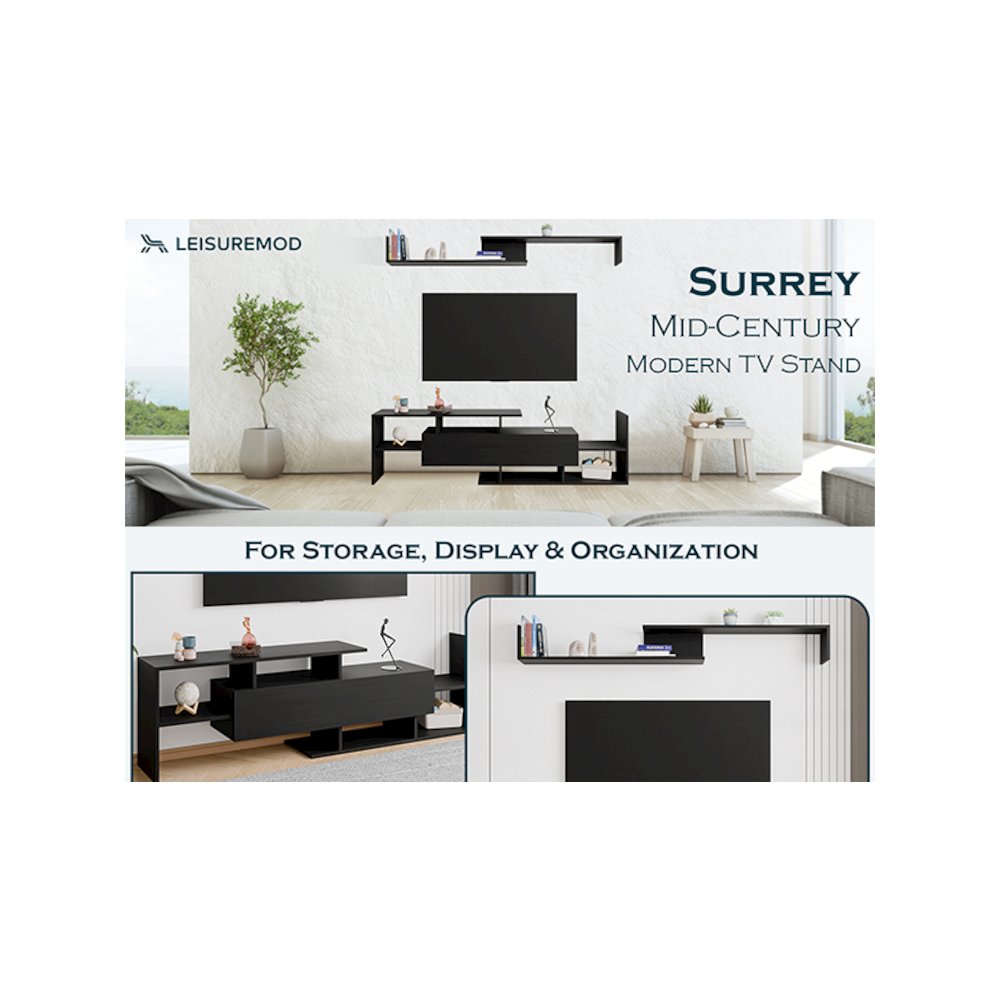 Surrey Modern TV Stand with MDF Shelves and Bookcase in Ebony. Picture 26