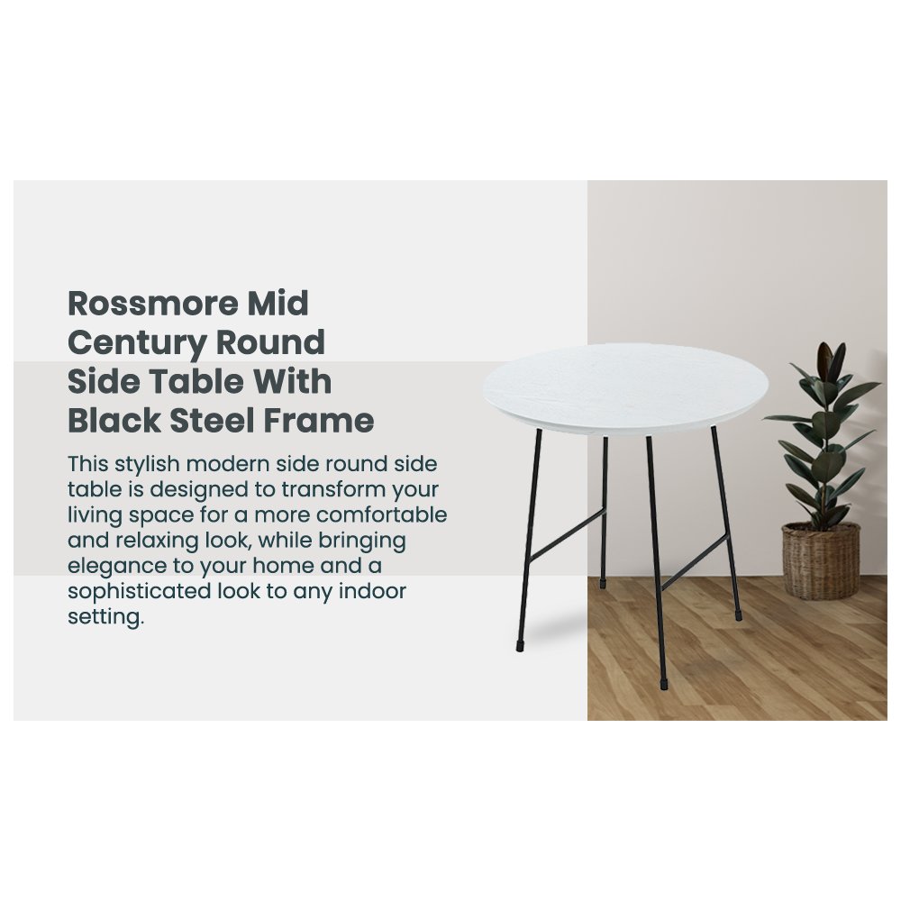 Rossmore Mid Century Modern Round Side Table With Black Steel Frame. Picture 1