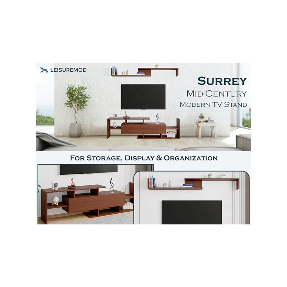 Surrey Modern TV Stand with MDF Shelves and Bookcase in Walnut. Picture 25