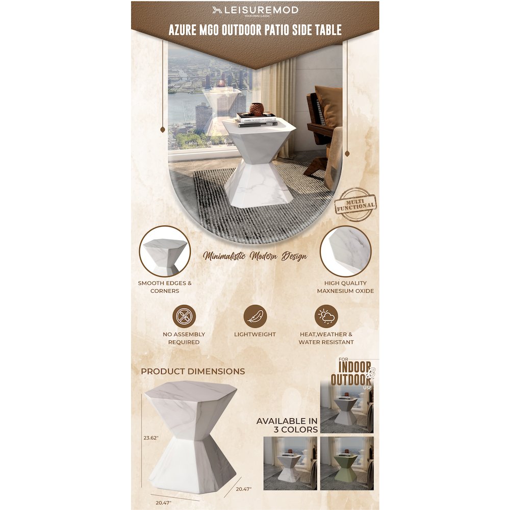 Azure Collection Fiberglass Outdoor Side Table in Marble White. Picture 4