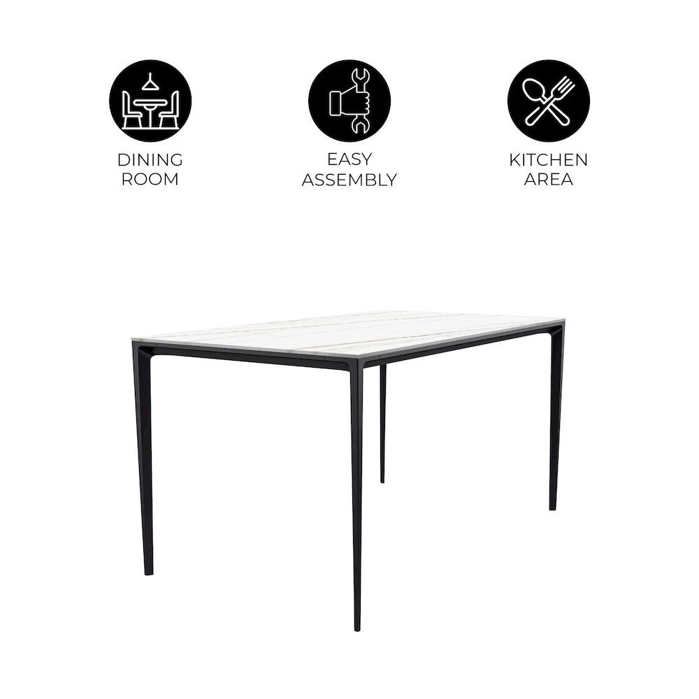 Avo Series Modern Dining Table Black Base, With 62 White/Gold Sintered Stone Top. Picture 15