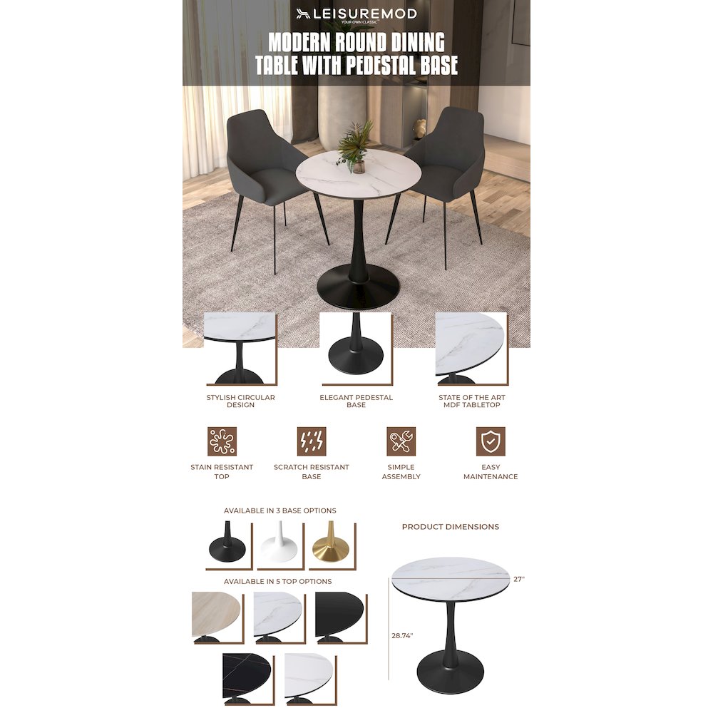 Bristol 27" round dining table Black base with marbled MDF top. Picture 30