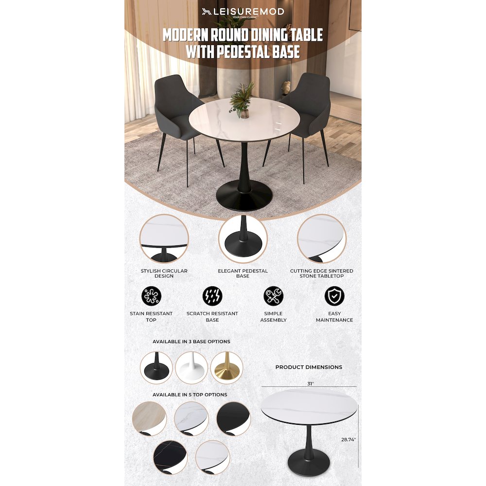 Bristol 31" round dining table Black base with White Sintered stone Top. Picture 20
