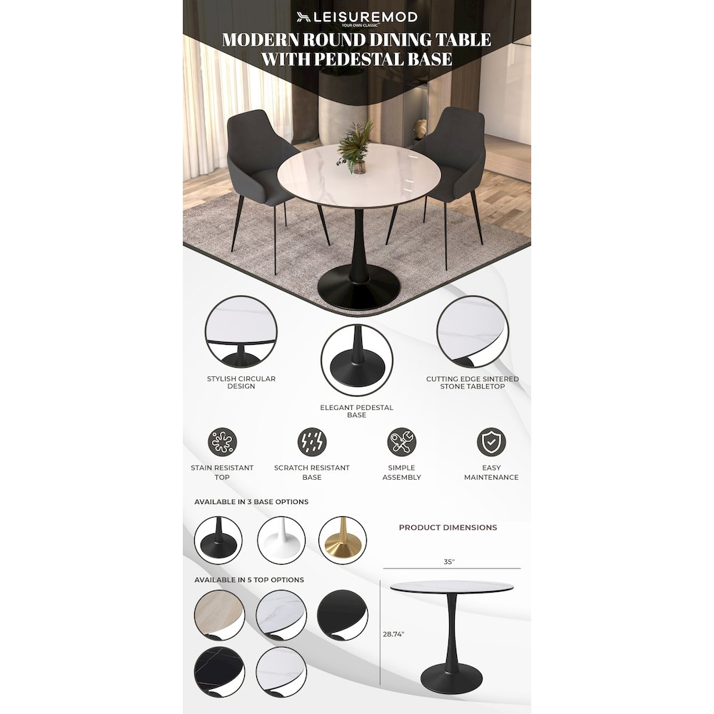 Bristol 35" round dining table Black base with White Sintered stone Top. Picture 12