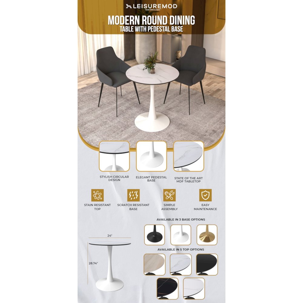 Leisyremod Bristol 24" Round Dining Table White base with White top. Picture 28