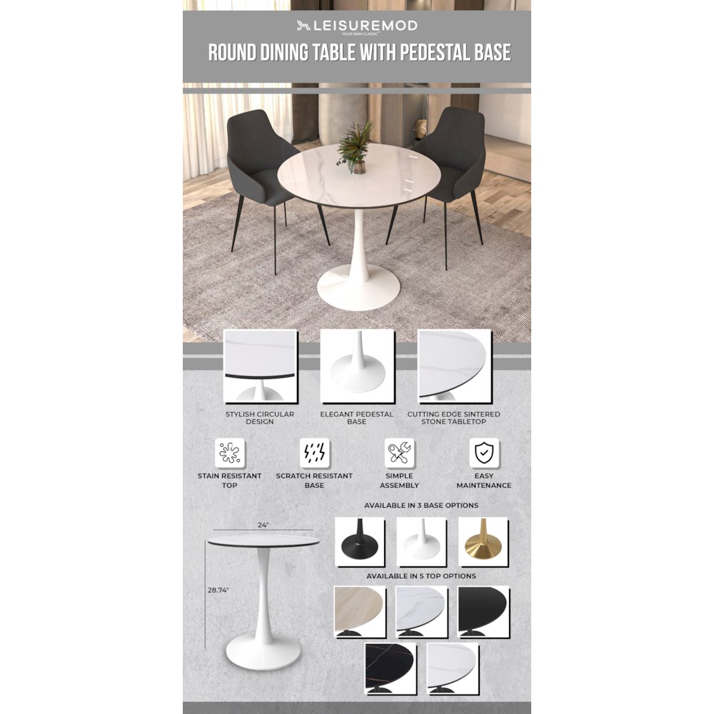 Bristol 31" round dining table White base with White Sintered stone Top. Picture 20