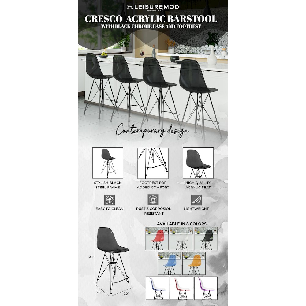 Modern Acrylic Bar stool Cresco Collection Black Base with Trans Black seat. Picture 2