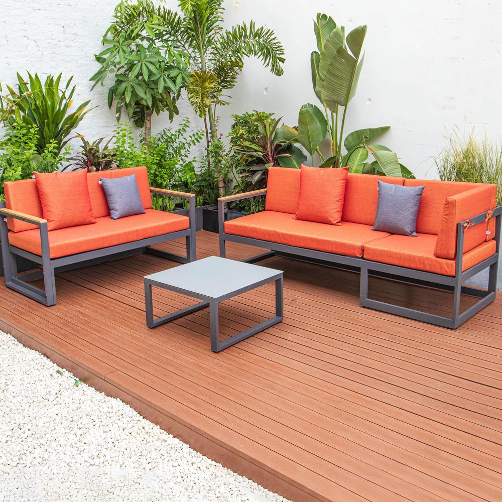 LeisureMod Chelsea Black Sectional With Adjustable Headrest & Coffee Table With Two Tone Cushions CSLBL-80OR-BU. Picture 13