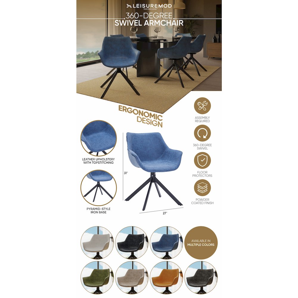 Markley Modern Leather Dining Swival Arm Chair in Light Blue. Picture 13