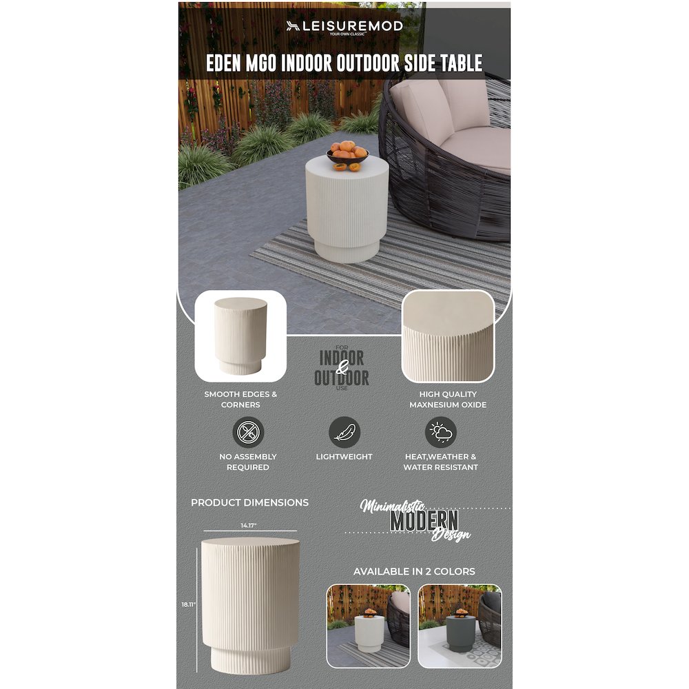 Eden Collection Fiberglass Outdoor Side Table in White. Picture 23