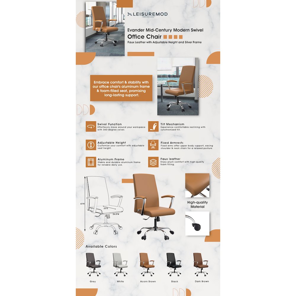Evander Series Office Chair in Acorn Brown Leather. Picture 22