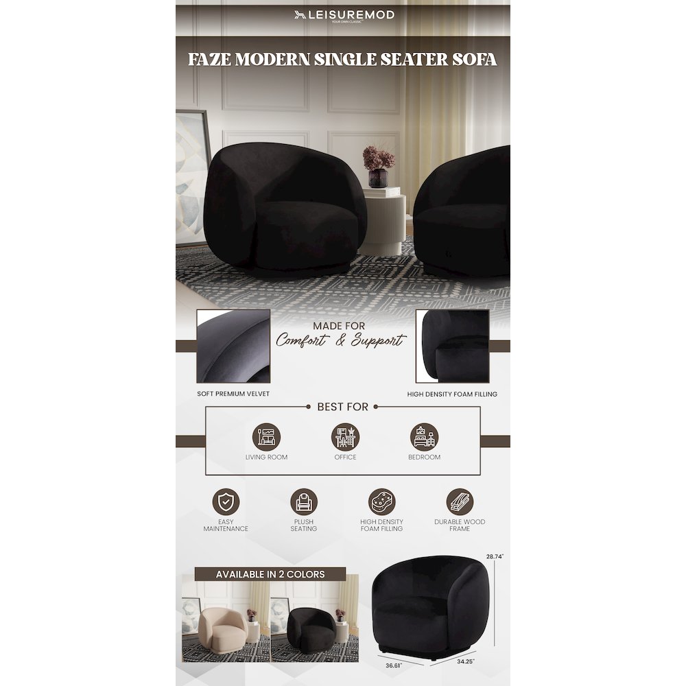 Faze Collection Modern Single Seater Sofa in Black Velvet. Picture 19