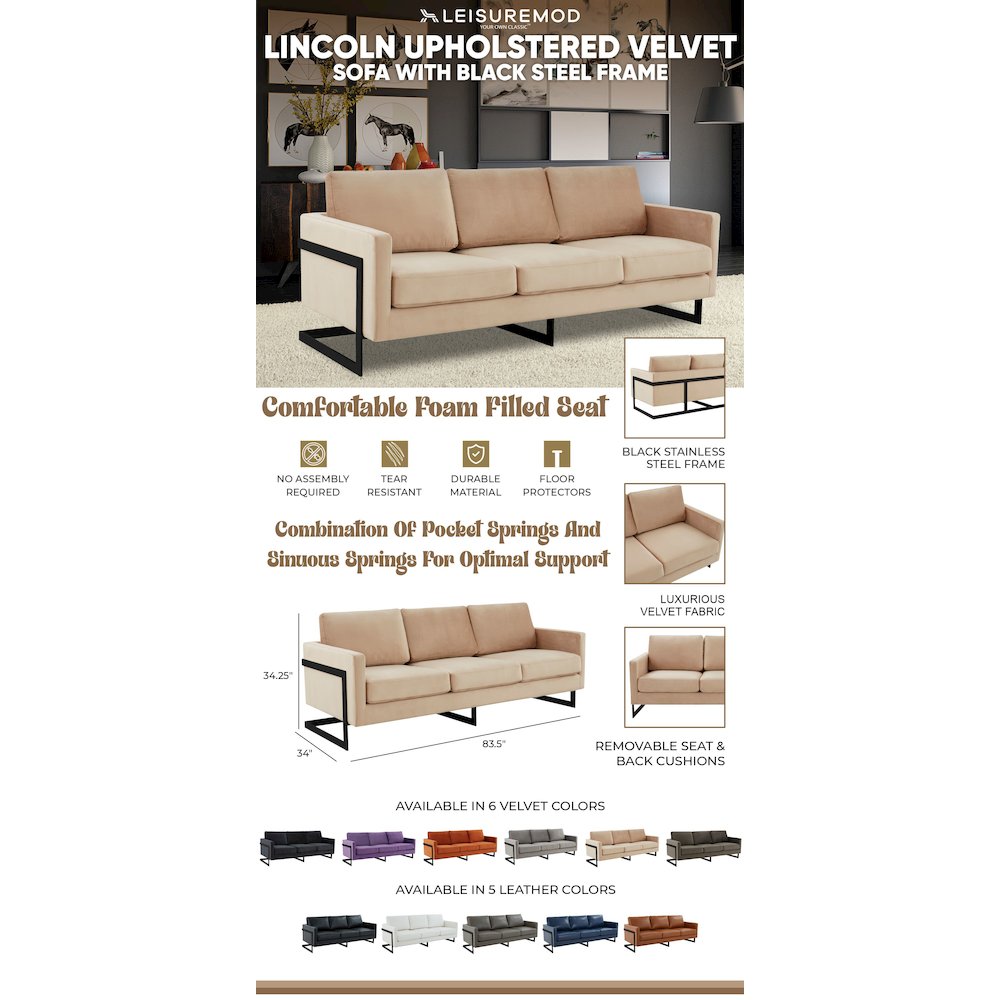 Lincoln Beige Velvet Sofa With Black Frame. Picture 12