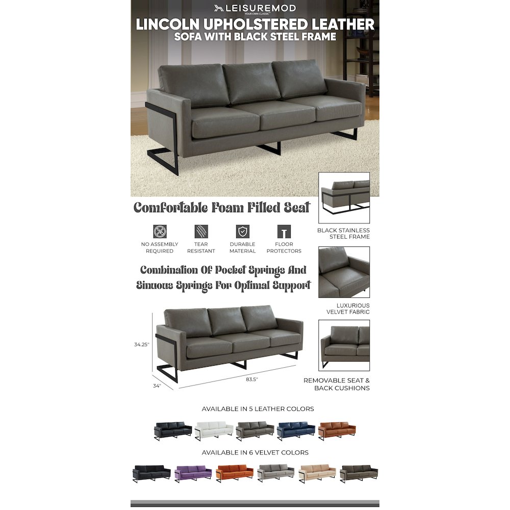 Lincoln Grey Leather Sofa With Black Frame. Picture 12