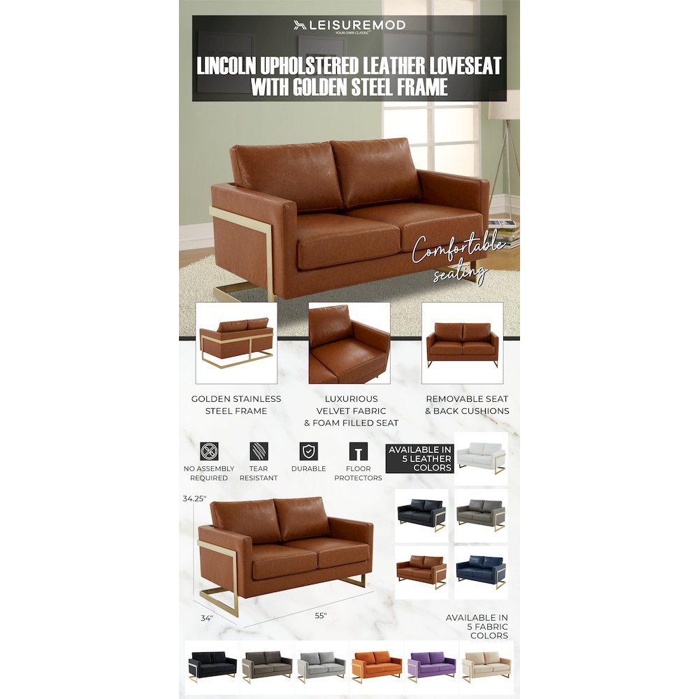 Lincoln Modern Mid-Century Upholstered Leather Loveseat with Gold Frame. Picture 15