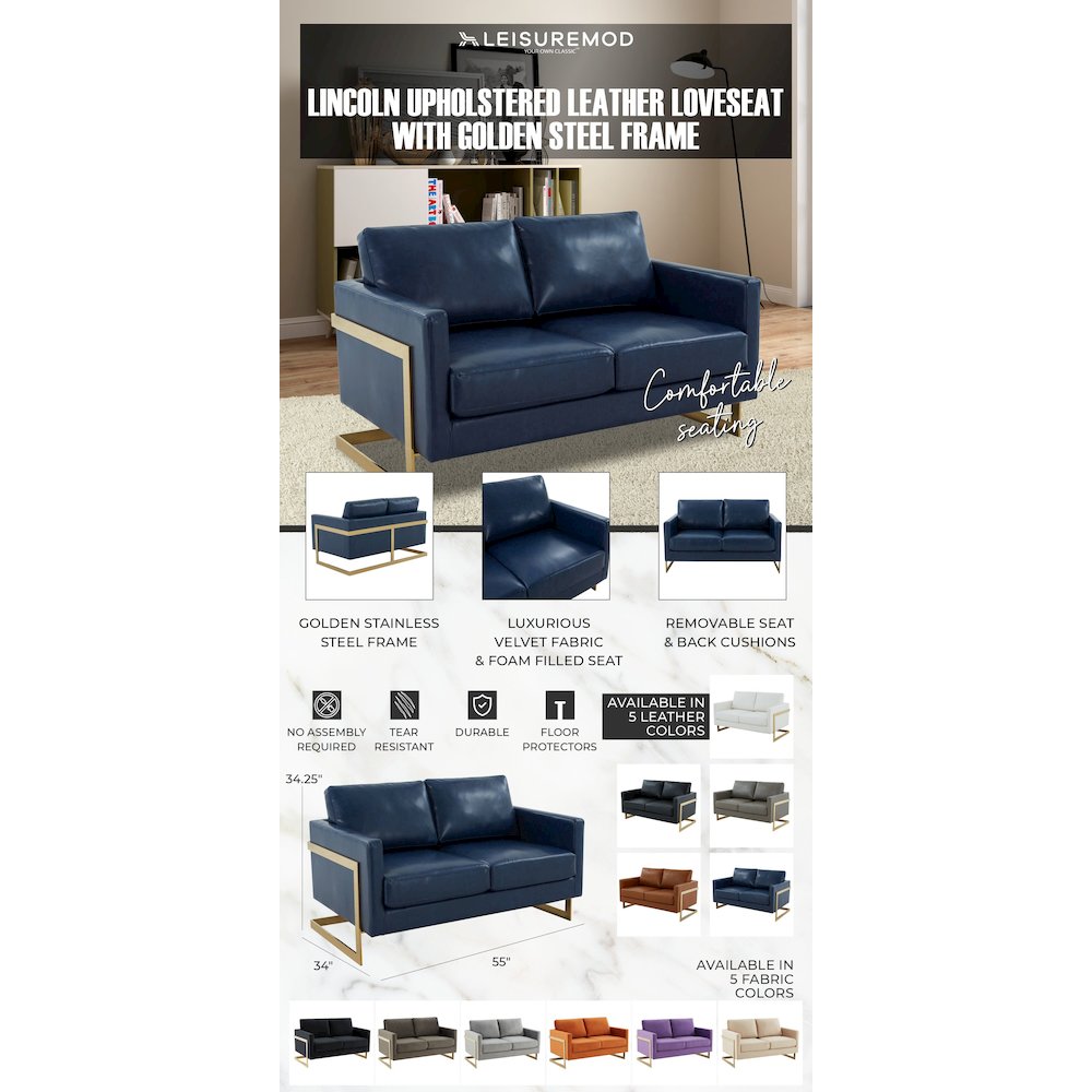 Lincoln Modern Mid-Century Upholstered Leather Loveseat with Gold Frame. Picture 15