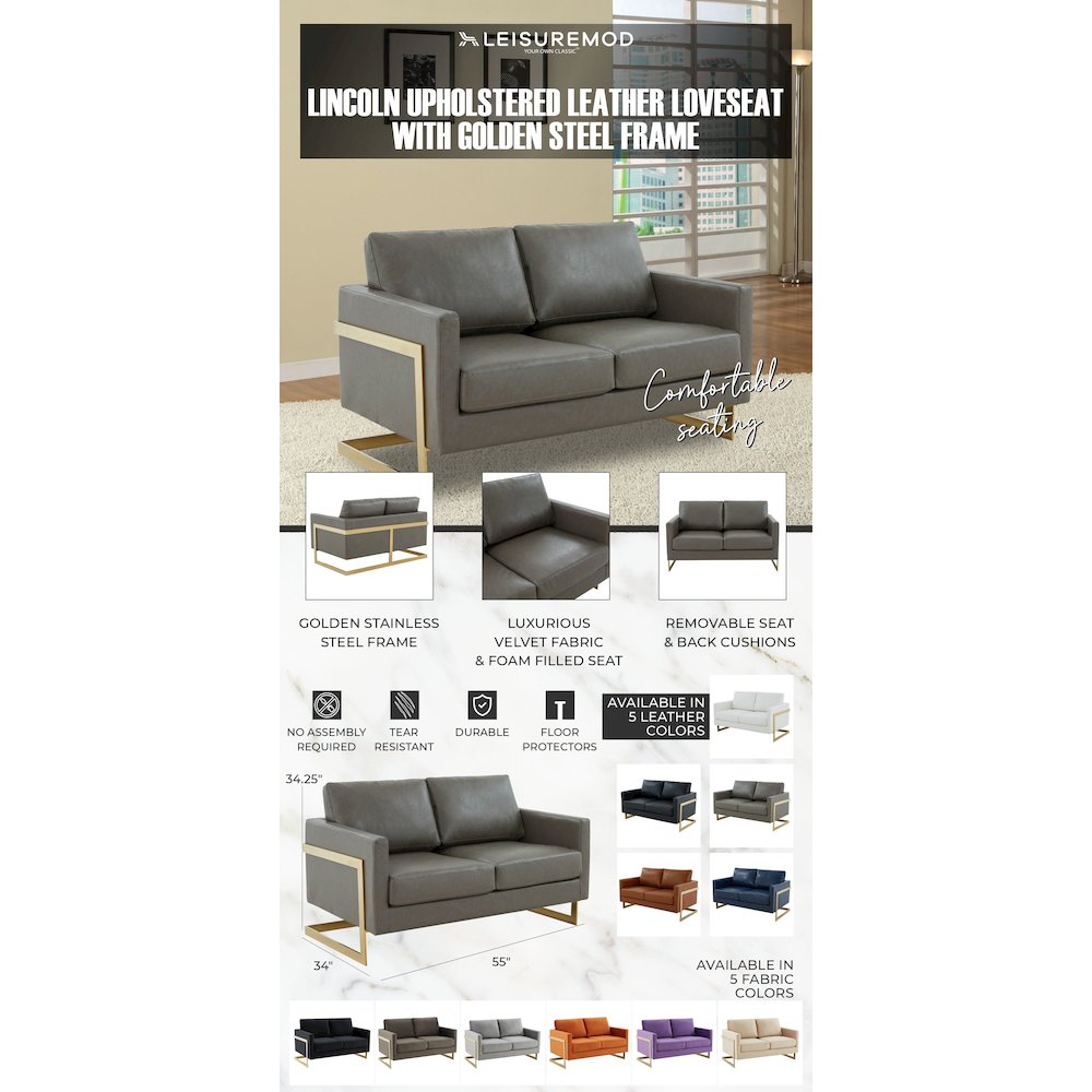 Lincoln Modern Mid-Century Upholstered Leather Loveseat with Gold Frame. Picture 15