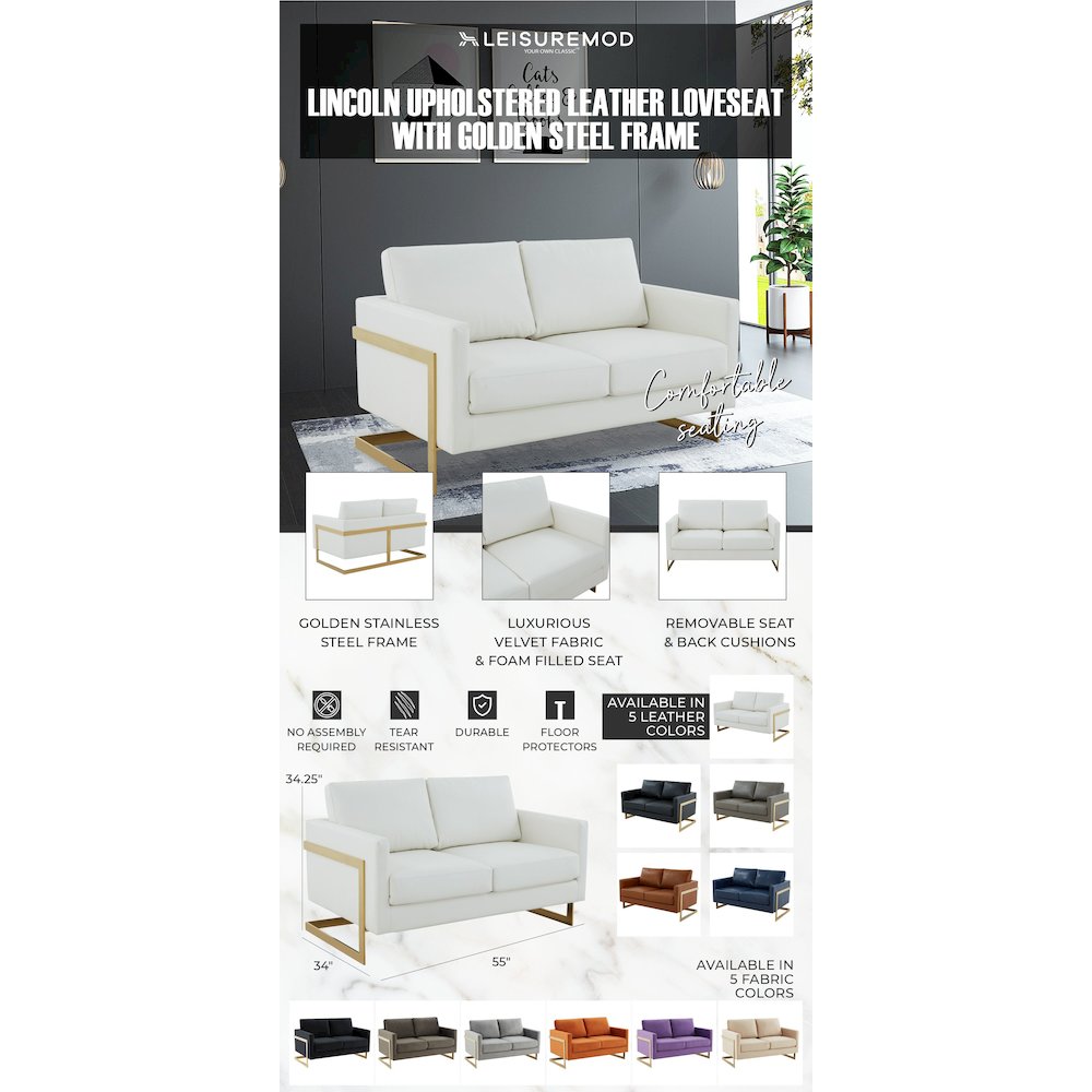 Lincoln Modern Mid-Century Upholstered Leather Loveseat with Gold Frame. Picture 15