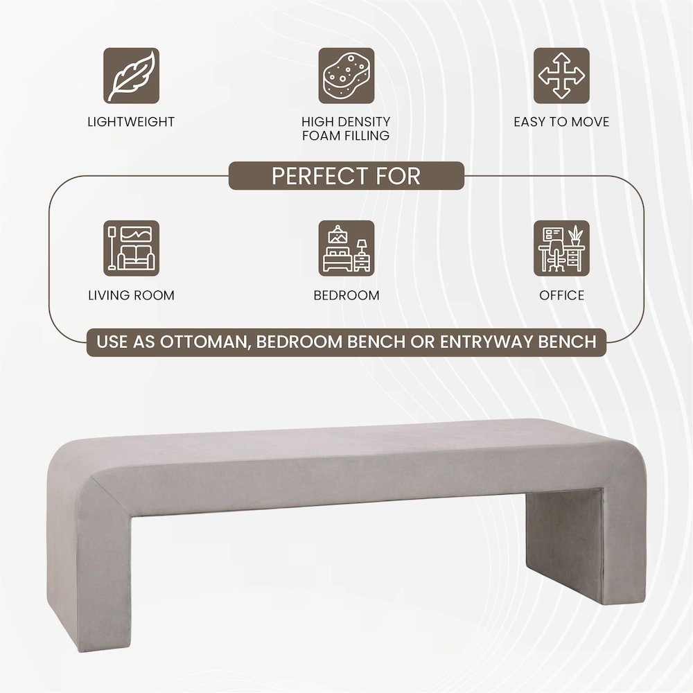 Vint Collection Modern 63" Bench In Light Grey Velvet. Picture 18