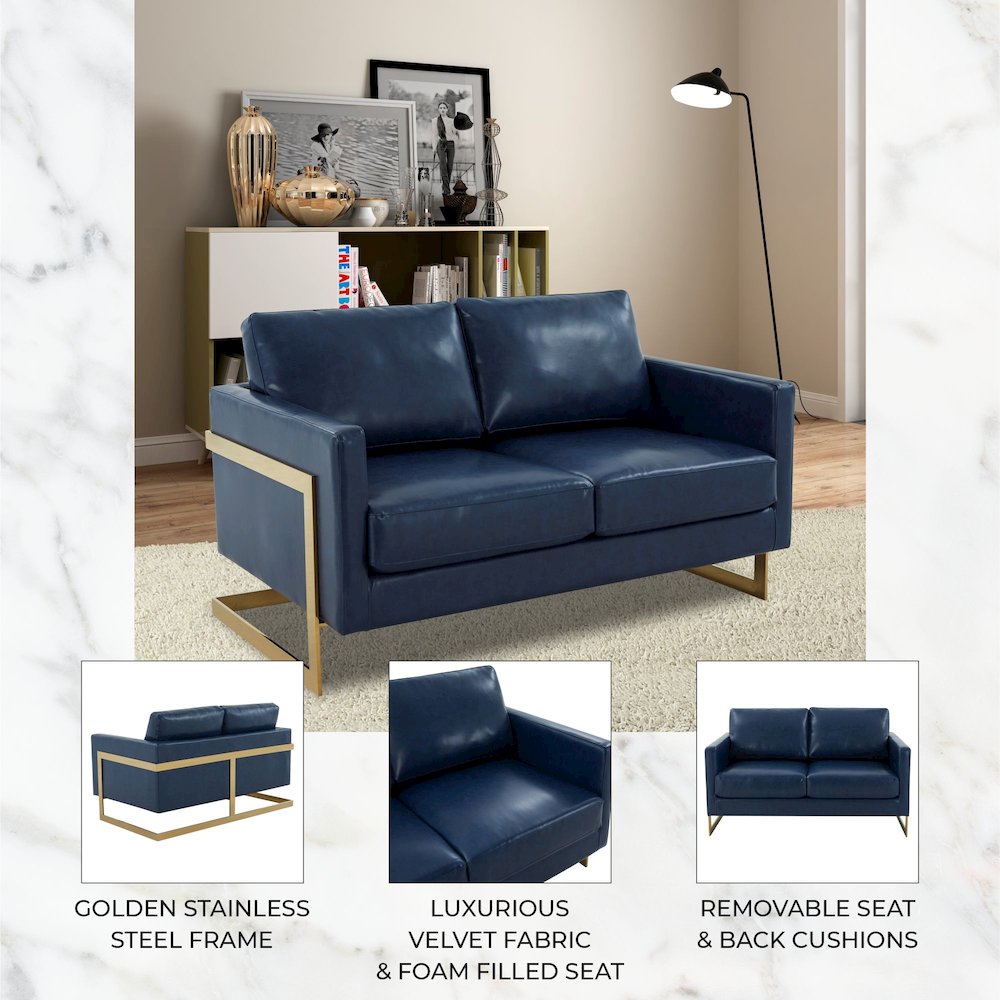 Lincoln Modern Mid-Century Upholstered Leather Loveseat with Gold Frame. Picture 13