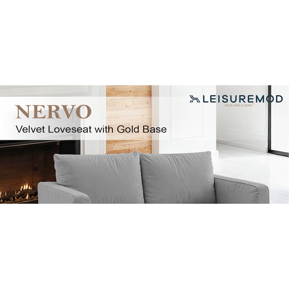Nervo Modern Mid-Century Upholstered Velvet Loveseat with Gold Frame. Picture 10