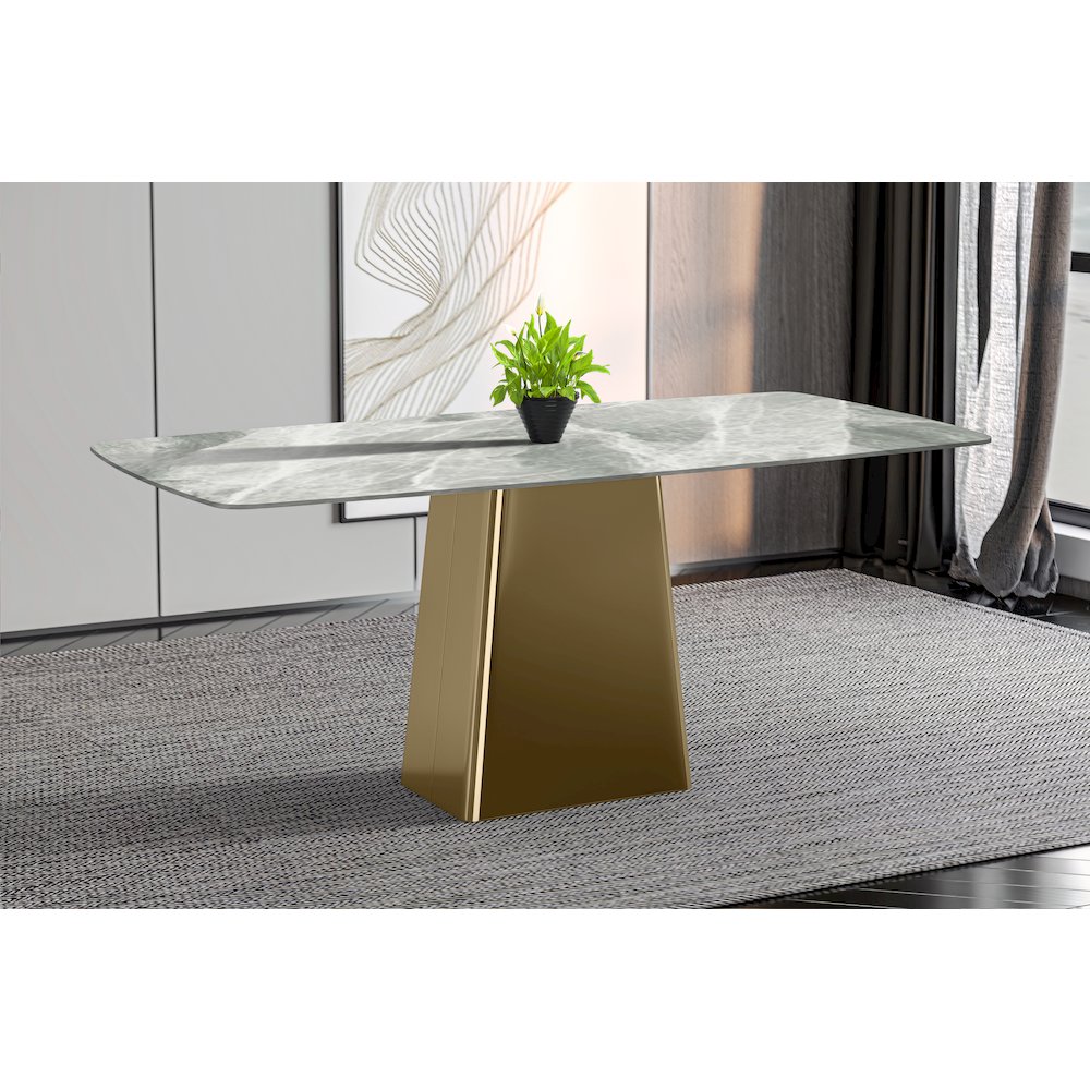 Quinix Series Dining Table, Gold Base With 62" Light Grey Sintered Stone Top. Picture 2
