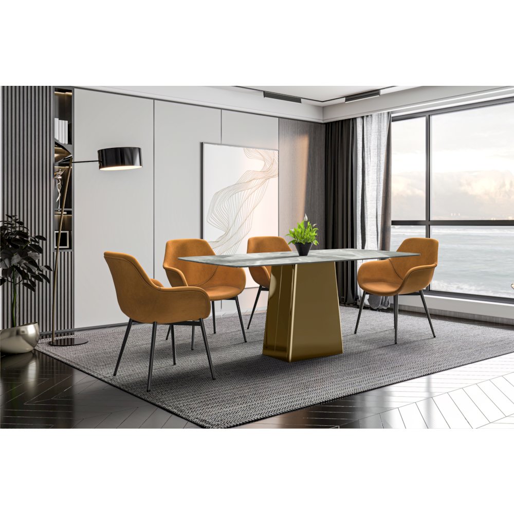 Quinix Series Dining Table, Gold Base With 62" Light Grey Sintered Stone Top. Picture 3