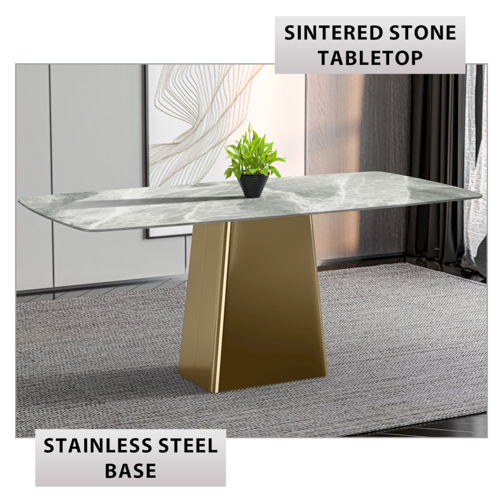 Quinix Series Dining Table, Gold Base With 62" Light Grey Sintered Stone Top. Picture 4