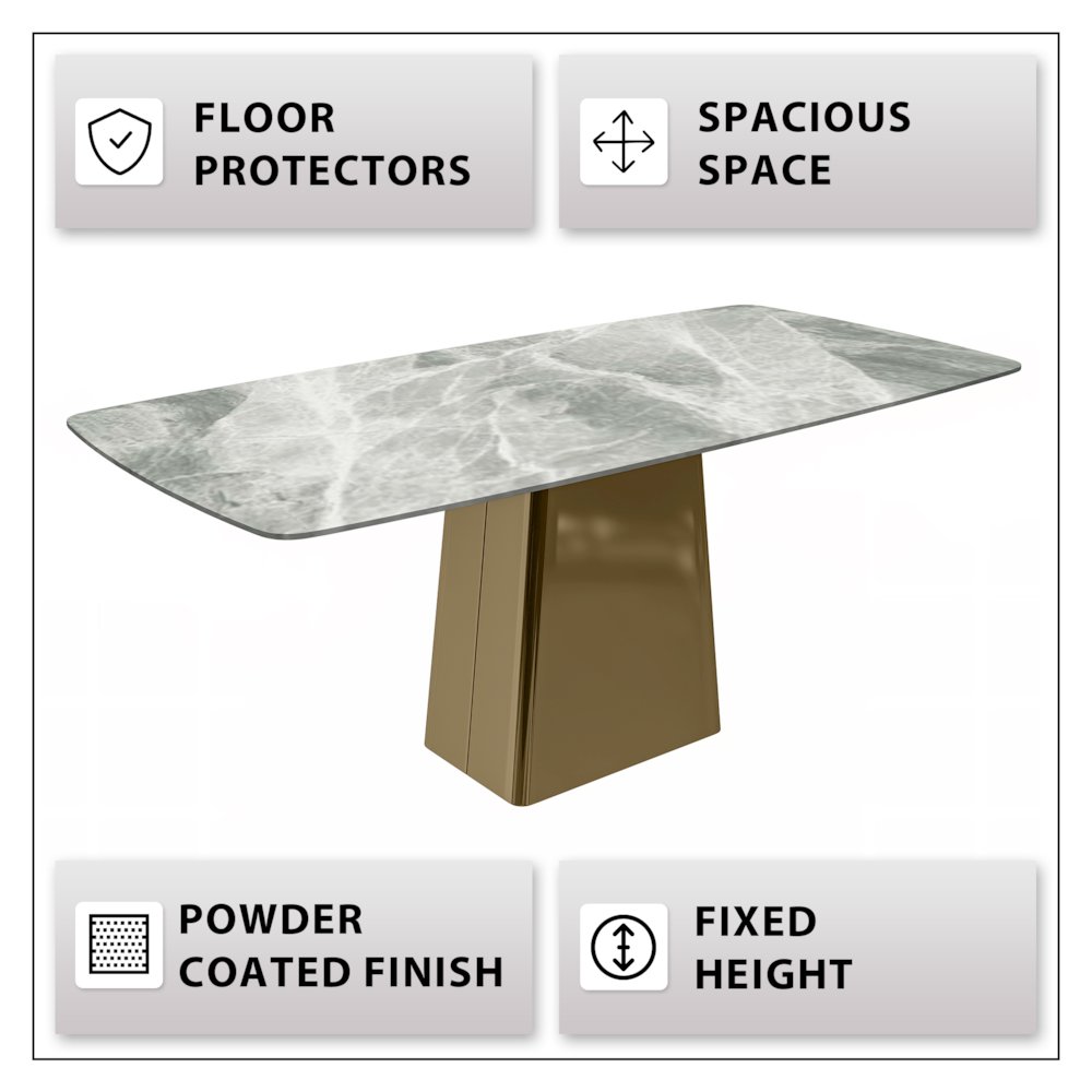 Quinix Series Dining Table, Gold Base With 62" Light Grey Sintered Stone Top. Picture 5