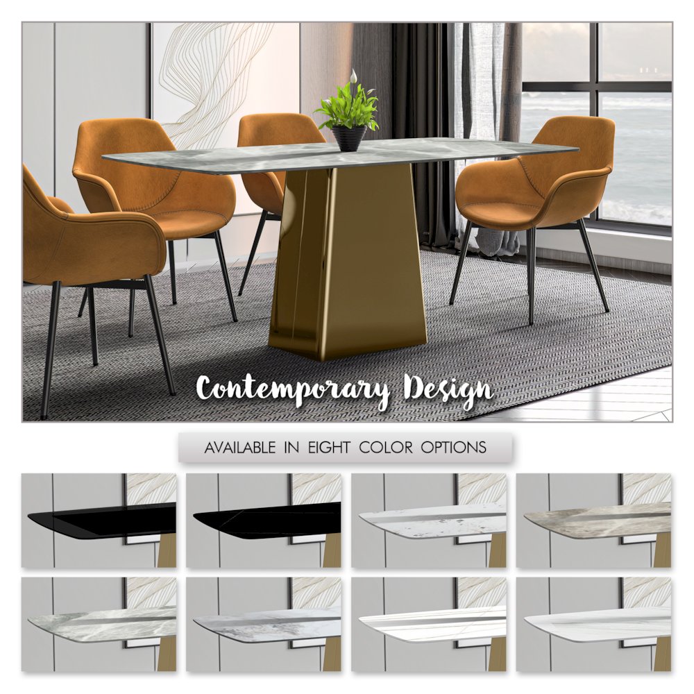 Quinix Series Dining Table, Gold Base With 62" Light Grey Sintered Stone Top. Picture 6