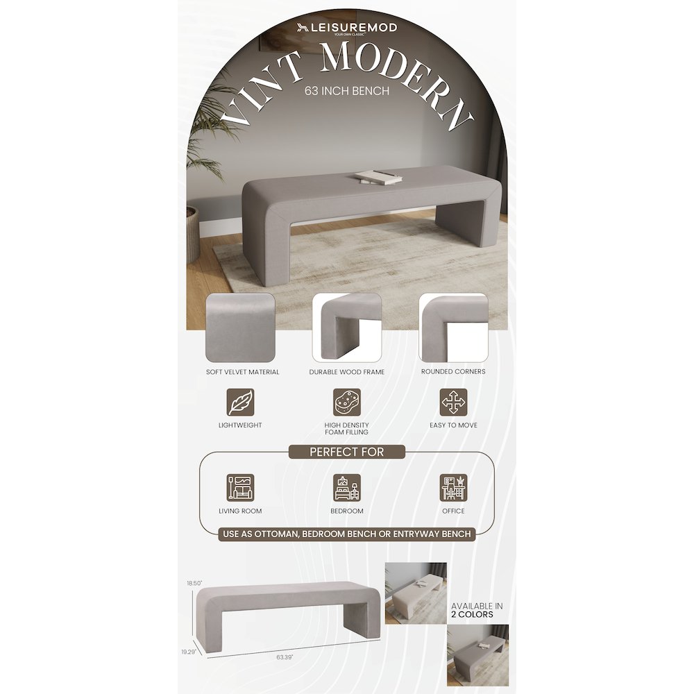 Vint Collection Modern 63" Bench In Light Grey Velvet. Picture 2
