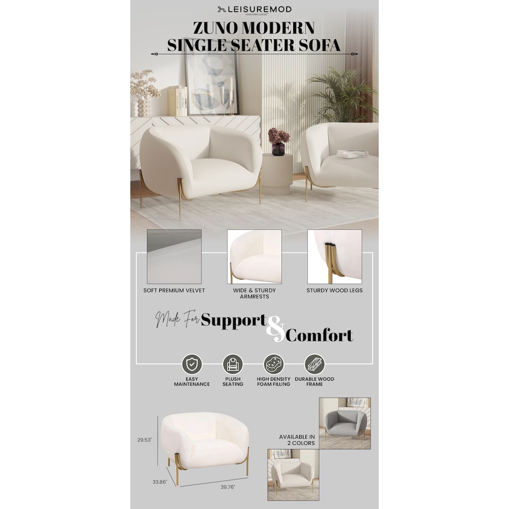 Zuno Collection Modern Single Seater Sofa in White Velvet. Picture 19