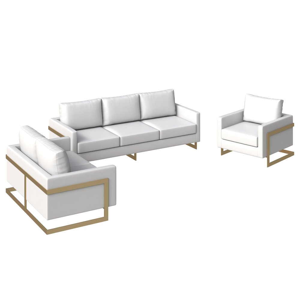 Lincoln 3-Piece Velvet Living Room Sofa Set With Gold Frame White. Picture 2