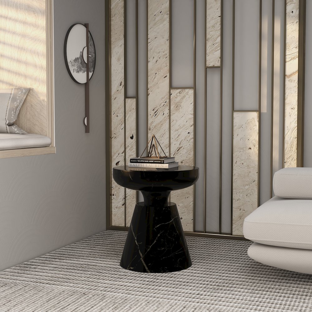 Isle Collection Fiberglass Outdoor Side Table in Marbled Black. Picture 3
