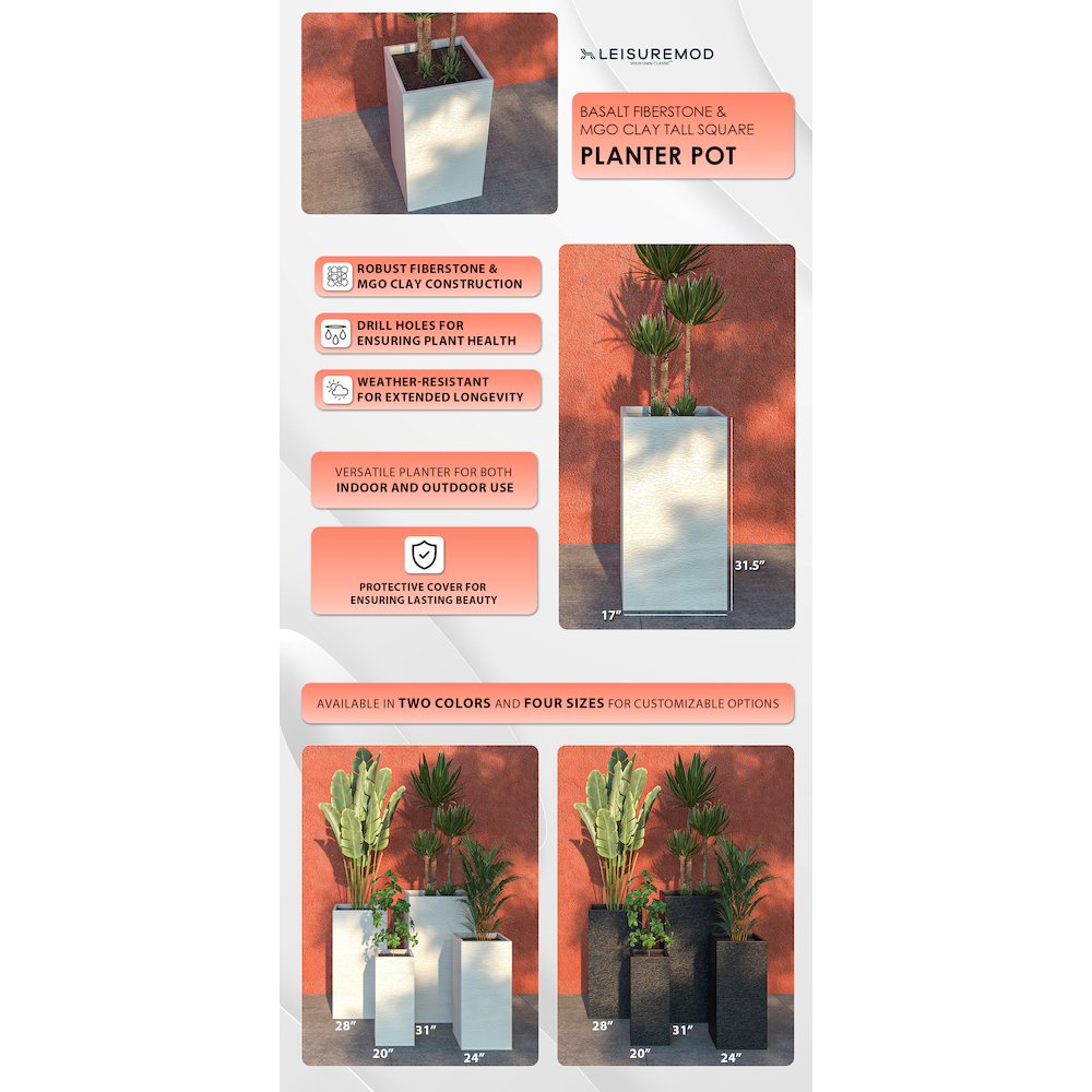 Basalt Series Poly Stone Planter 17" Square 31.5" High in White. Picture 12