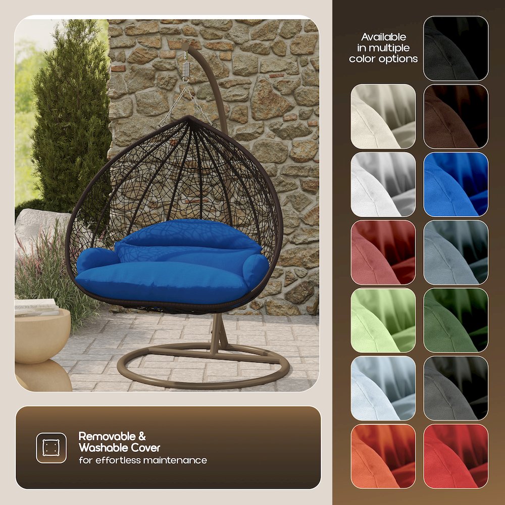 Recluse Collection Modern Outdoor Swing Chair Brown Frame with Blue Cushion. Picture 3