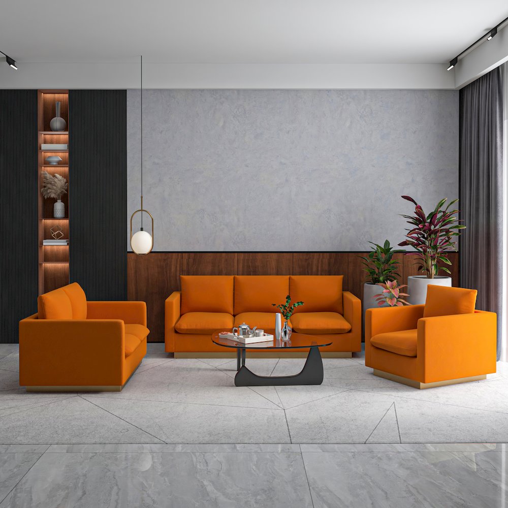 Nervo Velvet 3-Piece Living Room Sofa Set With Gold Frame Orange Marmalade. Picture 6
