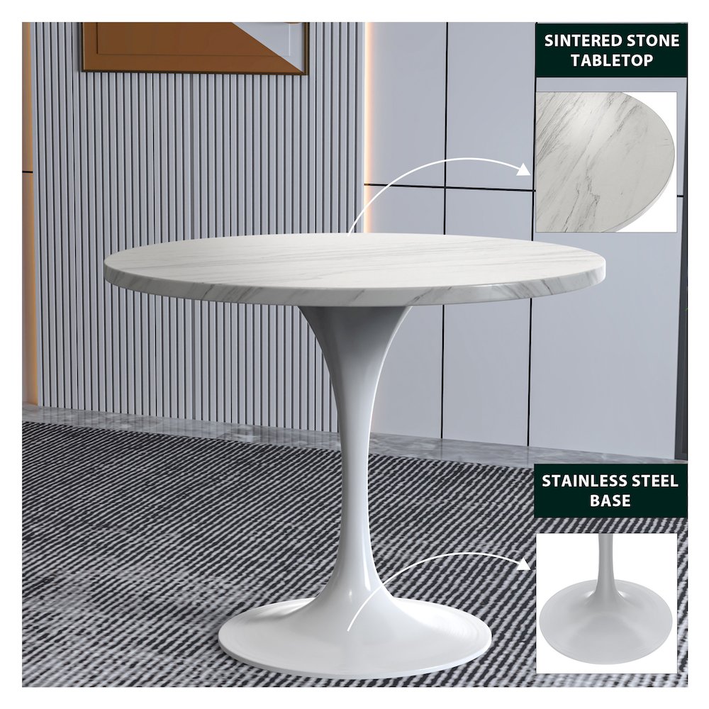 Verve Collection 36 Round Dining Table, White Base with Sintered Stone White Top. Picture 1