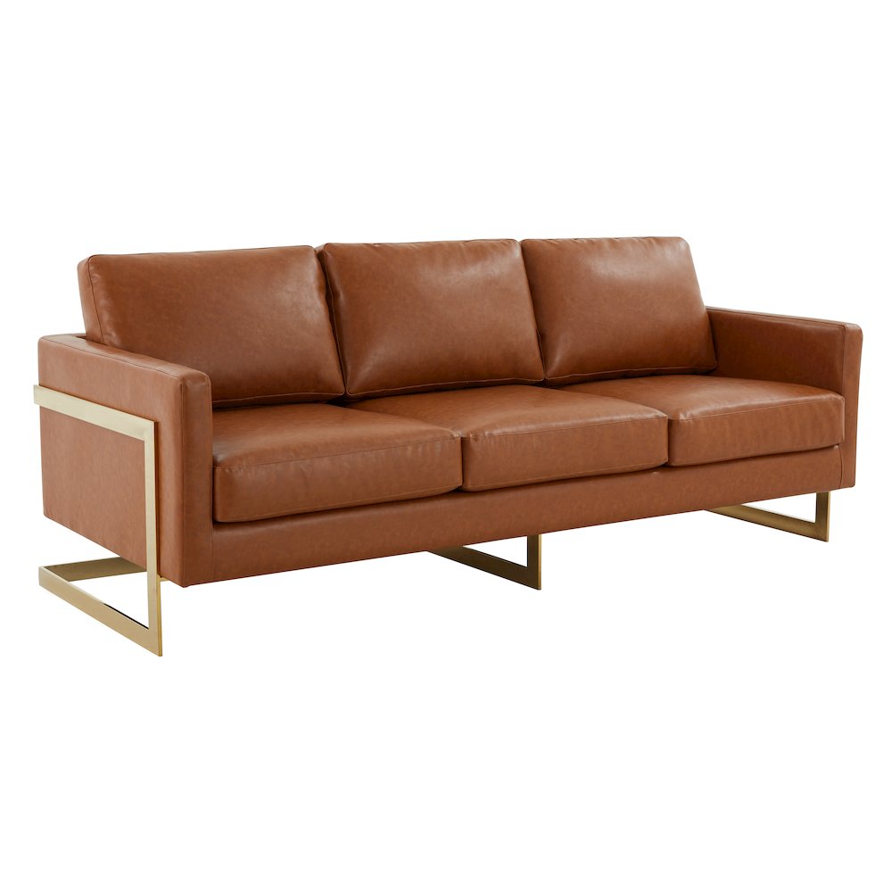 Lincoln Modern Mid-Century Upholstered Leather Sofa with Gold Frame. Picture 1