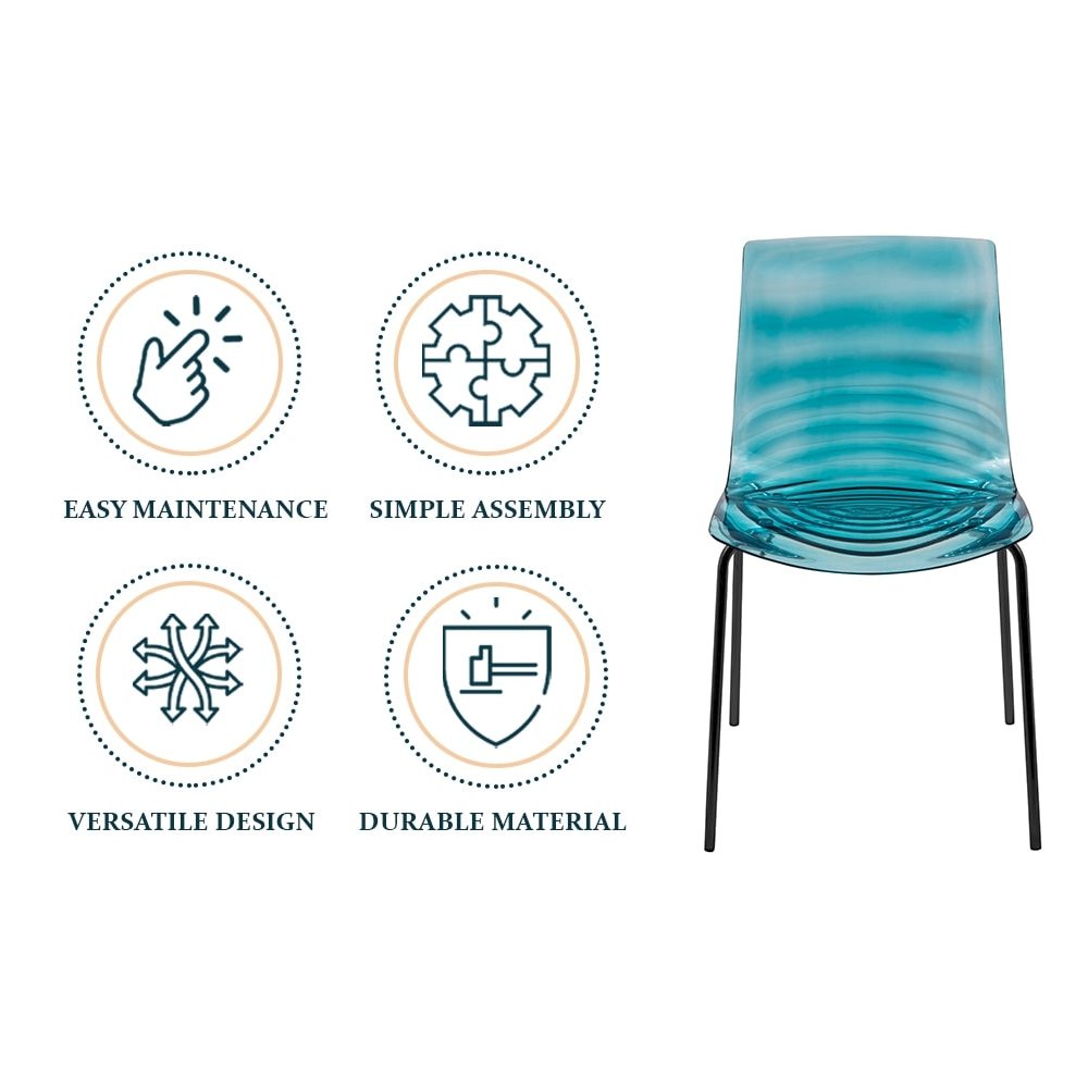 Astor Water Ripple Design Dining Chair in Black Base Trans Blue Seat Set of 2. Picture 6